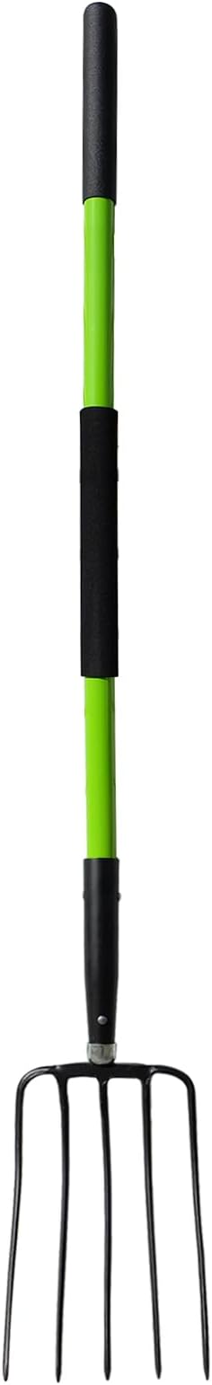 Pitch Fork-57 Inch,5-Tine Steel Garden Fork Heavy Duty, Mulch with Cushion Grip, Green Fiberglass Handle