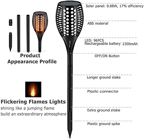 Aityvert Upgraded Larger Solar Torch Lights, Waterproof Outdoor Dancing Flames Lights, Flickering Flames Garden Lights, Landscape Decoration Pathway Patio Lights 43" 96 LED (1 Pack)