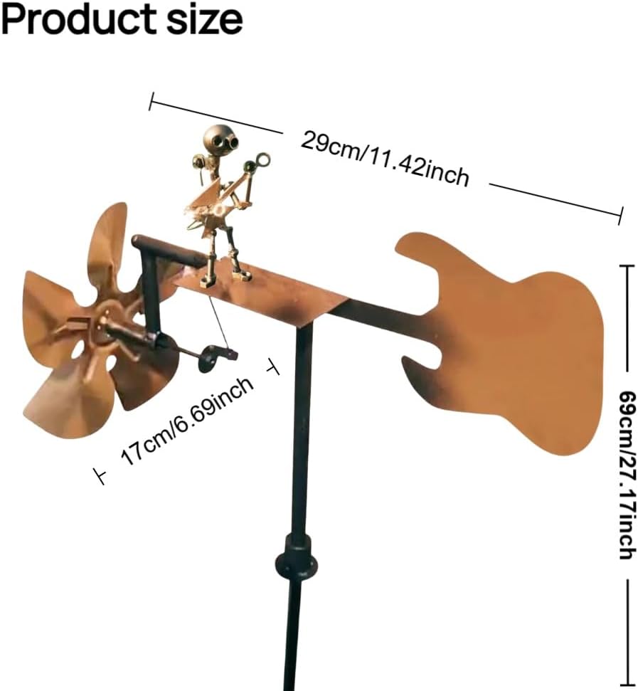 Garden Handmade Metal Rock Band Drummer Guitar Windmill, Kinetic Art Metal Sculpture Wind Spinners, Percussionist Music Rockin Art Figurine, Windmills for Yard Lawn Patio Outdoor Decor (Guitar)