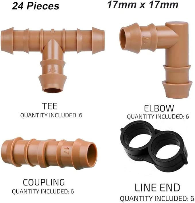JAYEE 24P Drip Irrigation Fittings Kit for 1/2" Tubing (.600 ID), 17mm Parts- 6 Tees, 6 Couplings, 6 Elbows,6 End Cap Plugs- Barded Connectors for Rain Bird Pipe and Sprinkler Systems (24 Pieces Set)