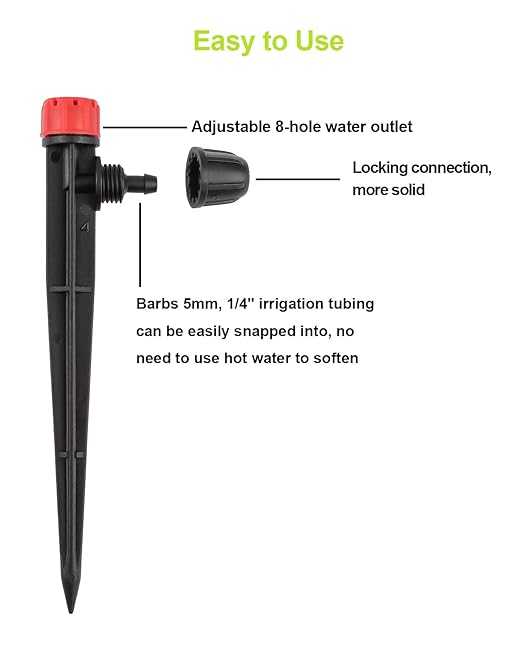 50pcs Drip Irrigation Emitters with Stake, Adjustable 360 Degree Water Flow Lock Barbed Dripper for 1/4" Drip Irrigation Tubing,Garden Irrigation Sprayer for (4-7mm) Watering System