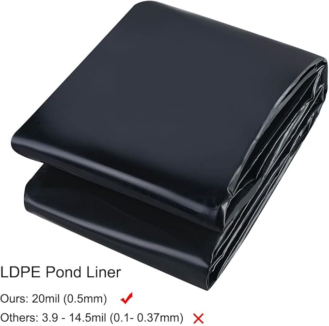 Pond Liner 15 x 20ft 20 mil Pond Liners for Outdoor Ponds, UV Resistant LDPE Fish Pond Liner for Backyard Koi Ponds, Pool, Water Features, Fountains, Waterfall and Water Gardens, Black