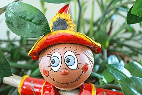 Ceramic Garden Decor - Scarecrow Lawn stake, red - Outdoor statue - Perfect, unique gifts for gardeners woman, men, yard gifts - Handmade, Frostproof
