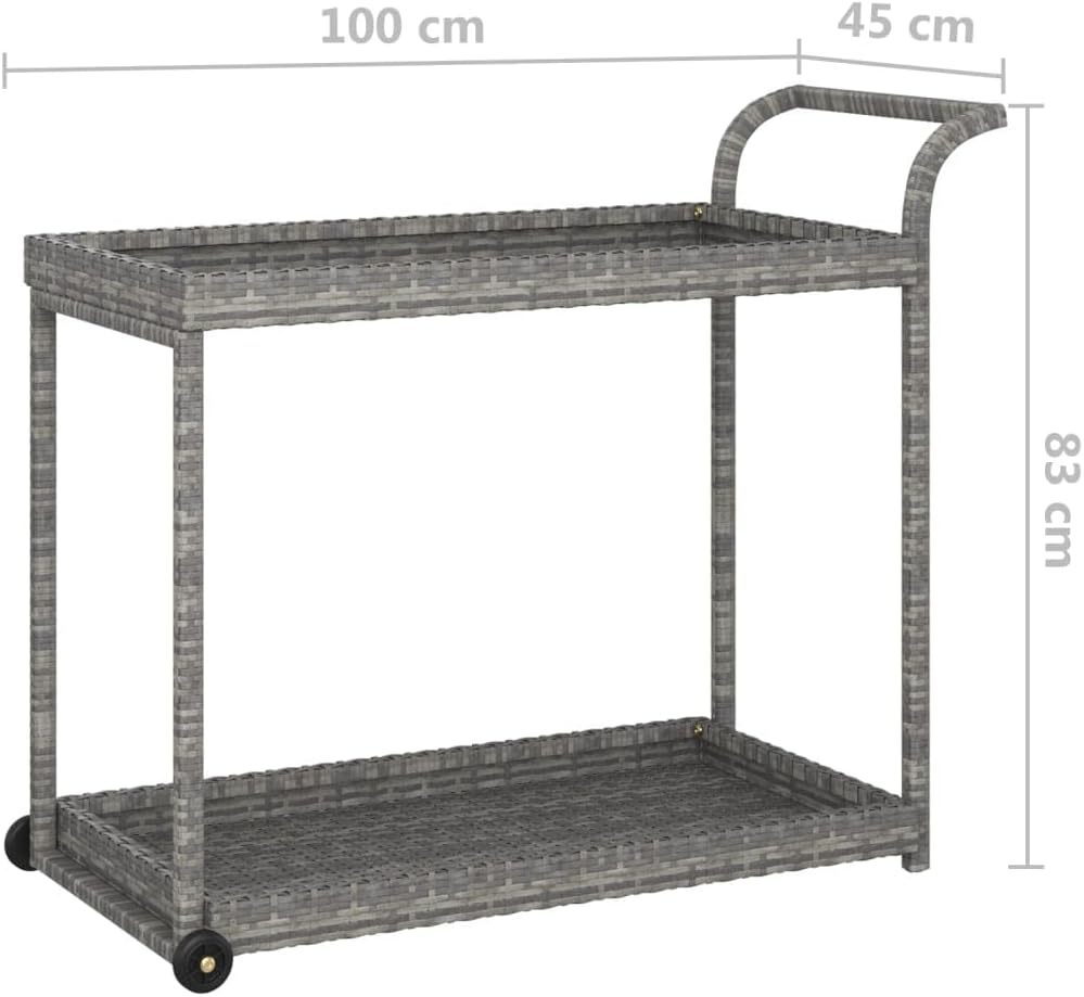 Outdoor Rolling Wicker Bar Cart with Storage Shelves, Portable Bar Cart with Wheels, Patio Kitchen Island Cart for Pool Deck Backyard, Gray 39.4"x17.7"x32.7" Poly Rattan -464