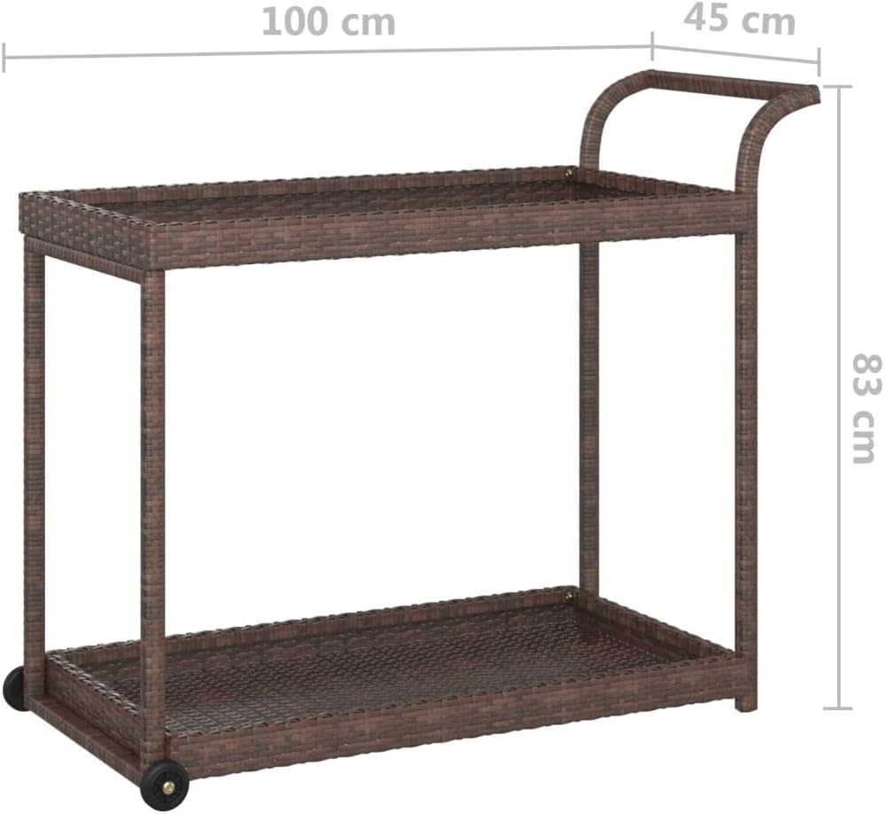 Outdoor Rolling Wicker Bar Cart with Storage Shelves, Portable Bar Cart with Wheels, Patio Kitchen Island Cart for Pool Deck Backyard, Brown 39.4"x17.7"x32.7" Poly Rattan -462