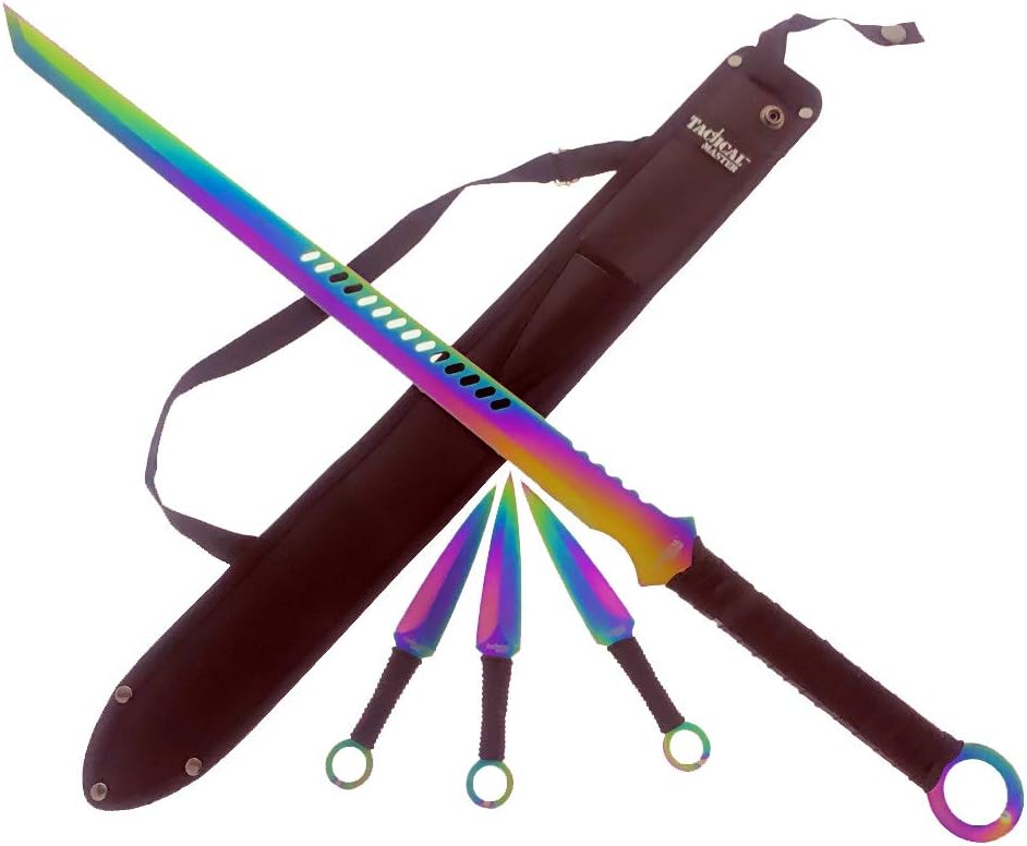 28" Tactical Fixed Tanto Blade Style Machete with 3 PCS 6" Fixed Blade Set. for Collection, Gift, and Outdoor Campimg to Cut Branches and Ropes (Rainbow)