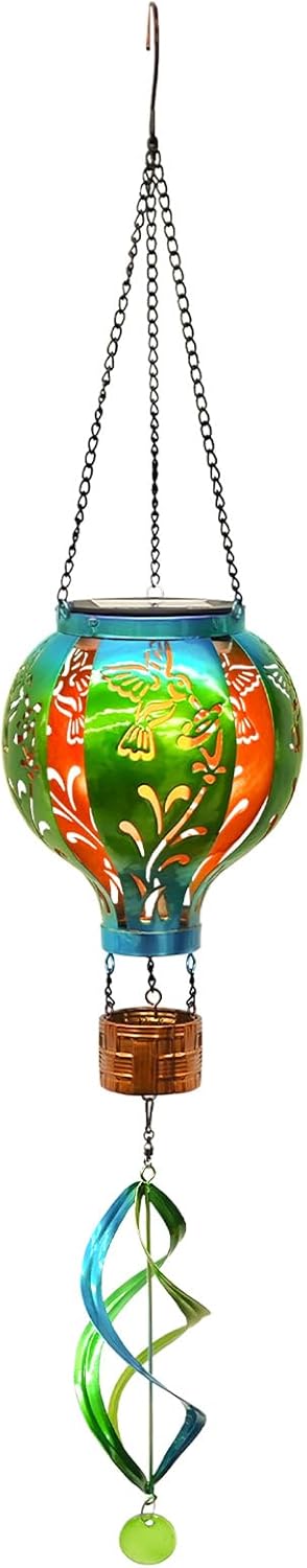 Hot Air Balloon Solar Lantern Hummingbird Wind Spinners with Flickering Flame Light Hanging Solar Lantern Outdoor Waterproof Decorations for Outside Patio Garden Yard