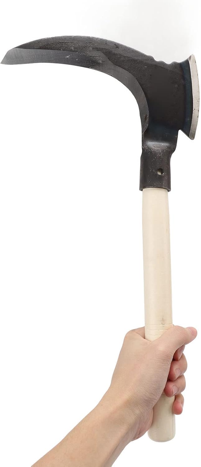 Weeding Sickle, High Manganese Steel Double Sickle Gardening Multipurpose Manual Agricultural Weeding Tools for Gardening Tools (Single Cutter Head, Wooden Stick)