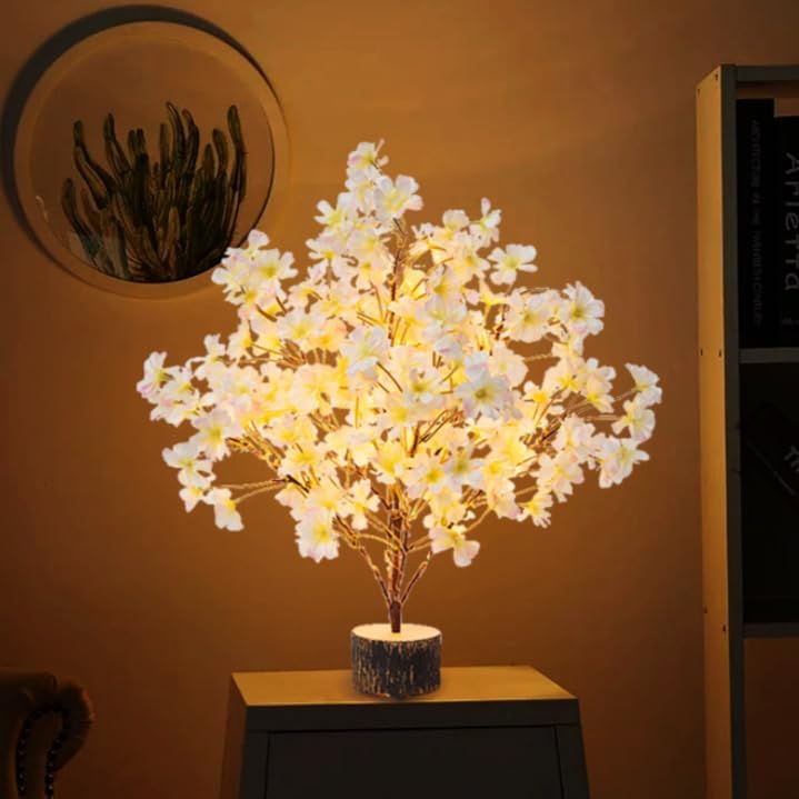 Lighted Cherry Blossom Tree Artificial, 19Inch Faux Bonsai Tree Japanese Decor, Battery Operated Floral Desktop Tree for Indoor Home Spring Summer Easter,Pink