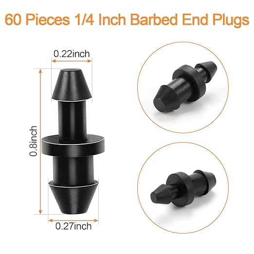 60 Pieces 1/4" Drip Irrigation End Plug Fittings:1/4'' Drip Single Barbed End Cap Connectors for 1/4 Inch Irrigation Tubing 1/2" Tubing Goof Hole Plugs for Garden Drip Line Systems