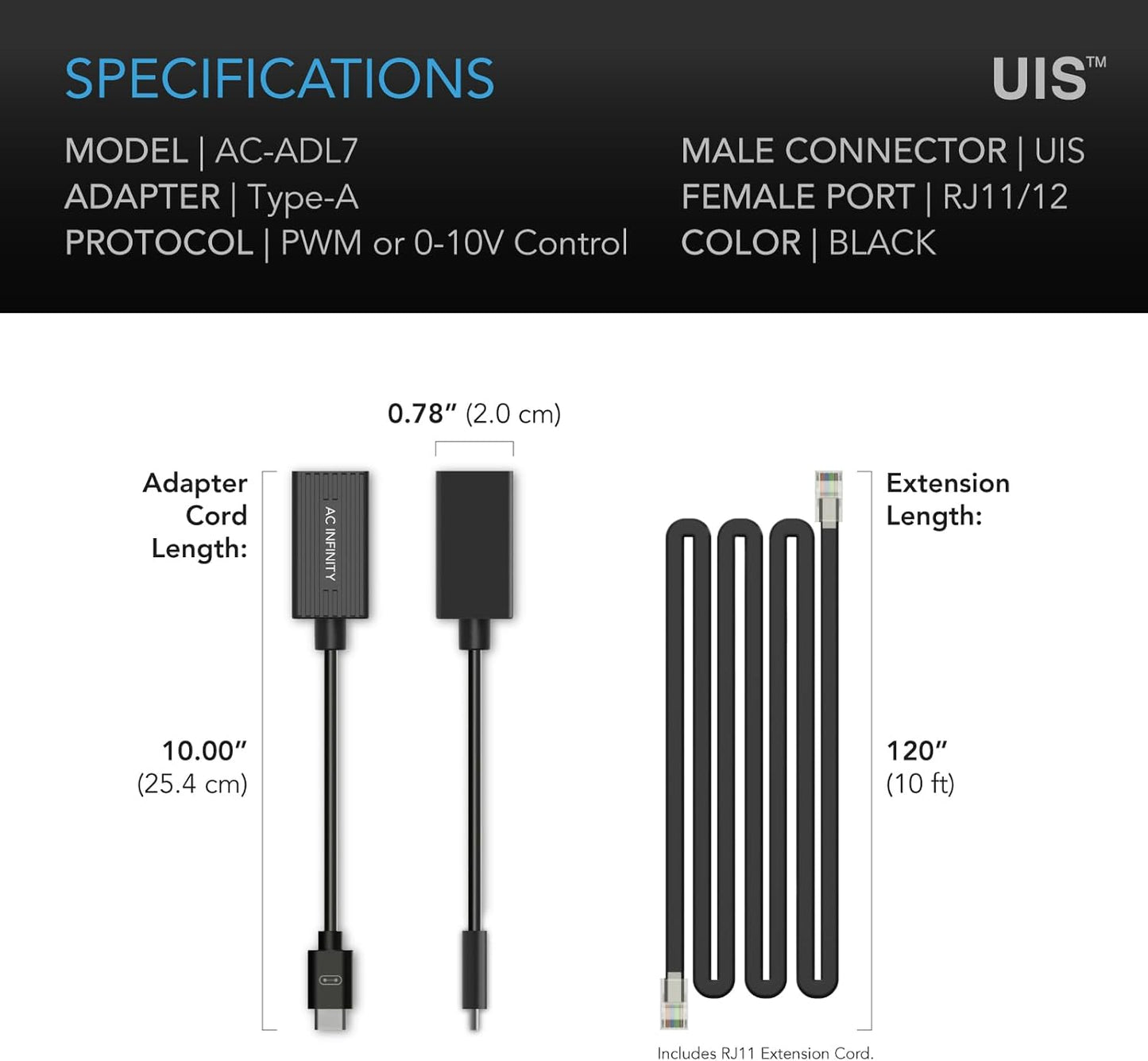 AC Infinity RJ11/12 to UIS Port Type-A Adapter Dongle, Conversion Cable Cord with Extension Cable for RJ11 RJ12 Grow Lights with PWM and 0-10V Current Sourcing Dimming
