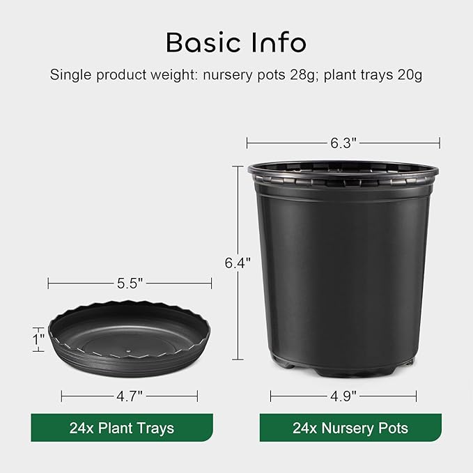 GROWNEER 24 Pack 6 Inch 1 Gallon Plant Pots with Drainage for Plants Flexible Nursery Pot Flower Pots Hole and Saucer Modern Plant Container for Indoor Outdoor(Black)