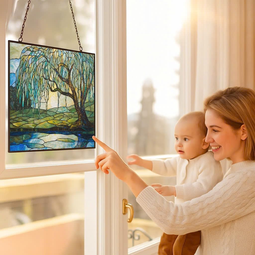 Customized Rectangle Art Nouveau Willow Pond Tree Stained Glass Window Hanging Sun Catcher Halloween Haning Ornament Decoration Christmas Birthday Gifts for Lover Friends Mother