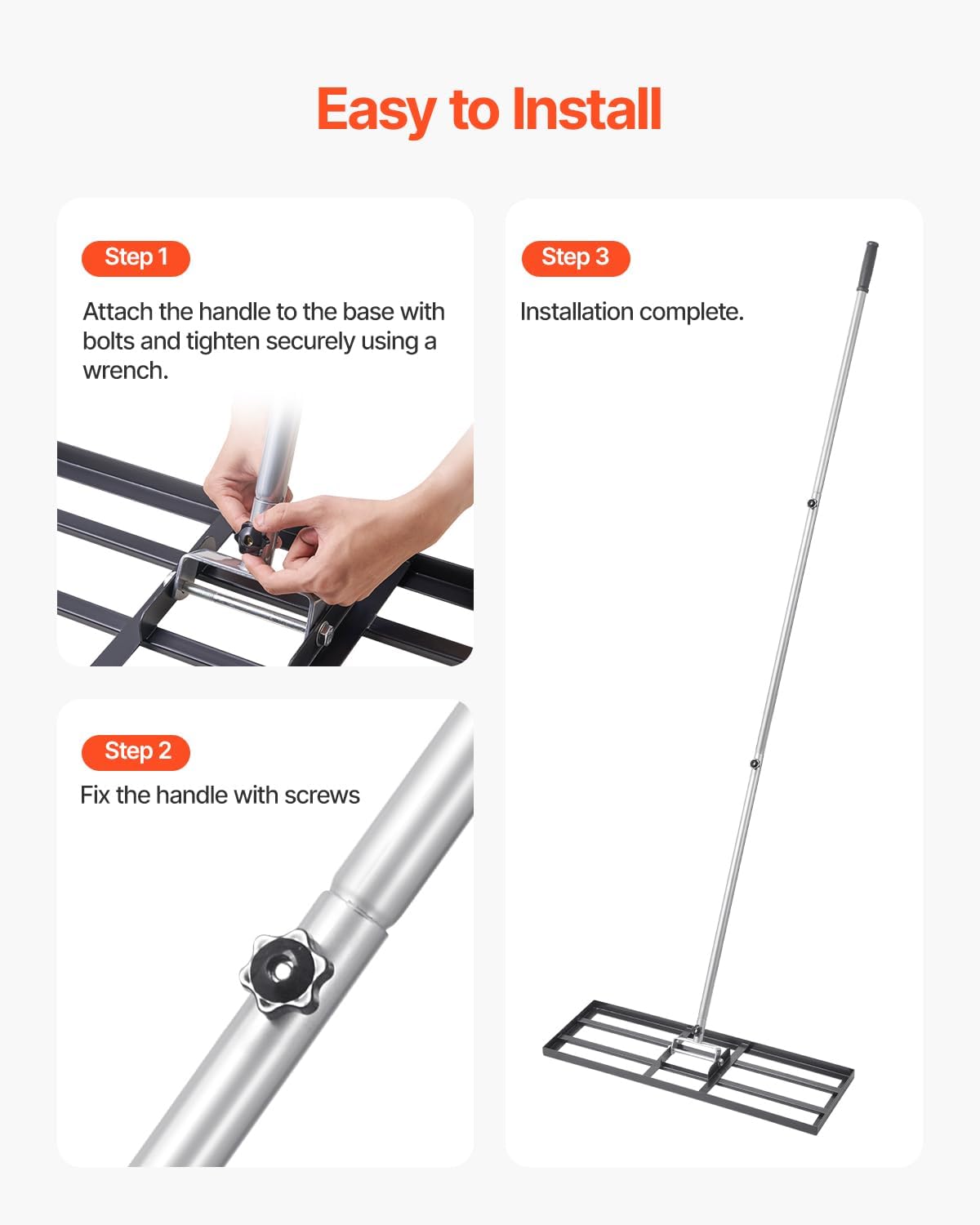 VEVOR Lawn Leveling Rake, Lawn Leveler with 83.9 in Handle, 30x10 in Ground Plate, Rust-Resistant Carbon Steel Soil Leveler, 3 Heights Adjustable, Effort Saving Lawn Leveling Tool for Yard Golf Court
