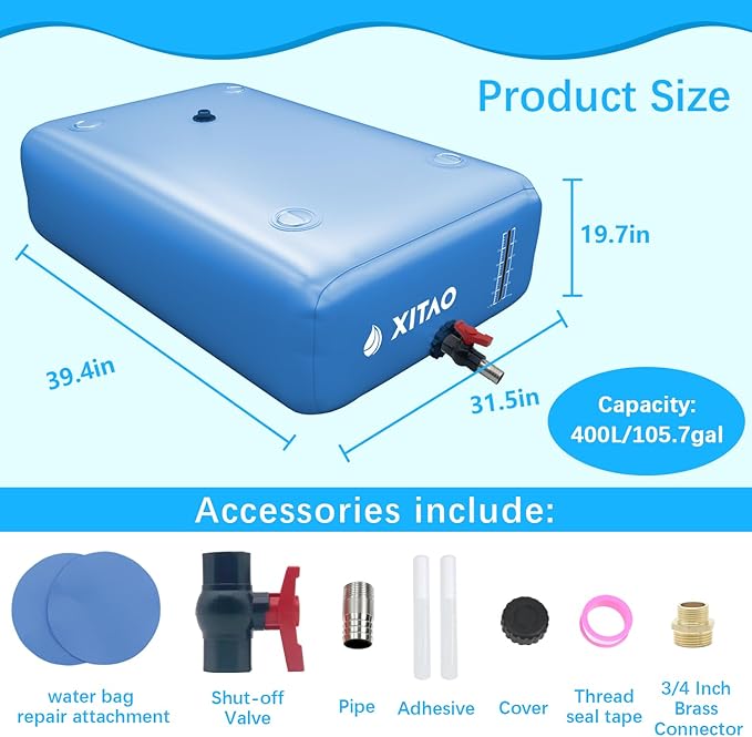 XITAO 105Gal Large Capacity Water Storage Bladder Containers w/Water Level Indicator Portable Foldable Emergency Water Tank Bag for RVs, Drought Resistance, Fire Prevention, Agricultural Irrigation