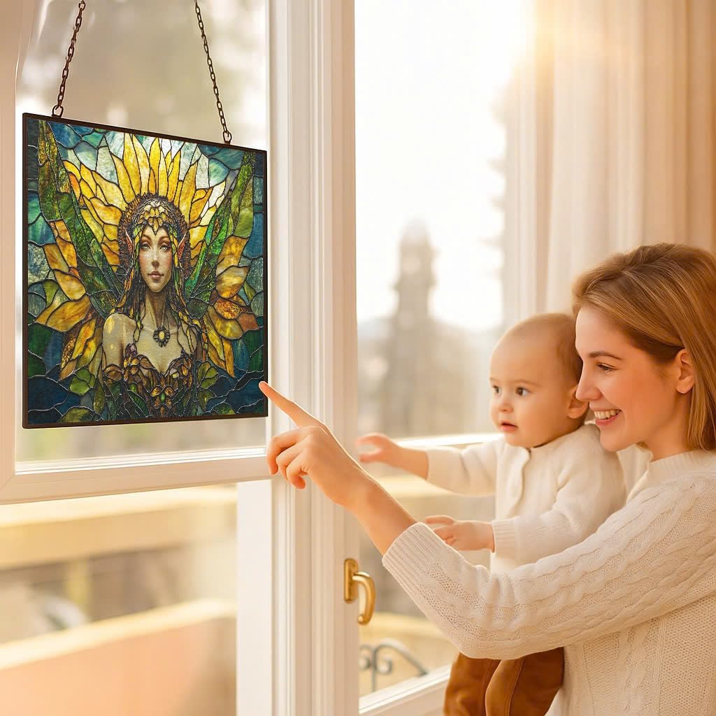 Customized Rectangle Art Nouveau Sunflower Elf Stained Glass Window Hanging Sun Catcher Halloween Haning Ornament Decoration Christmas Birthday Gifts for Lover Friends Mother Day