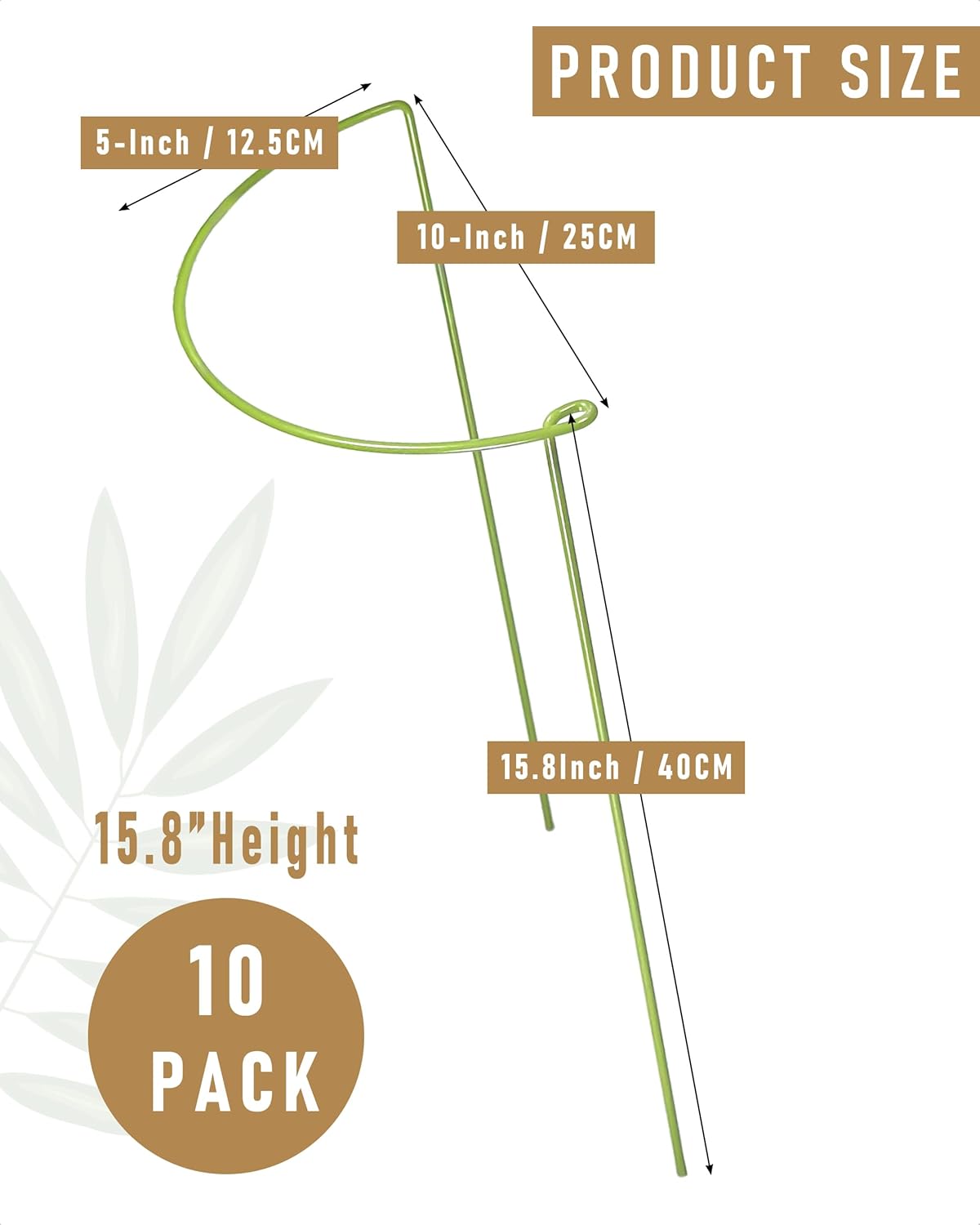 10-Pack Heavy Duty Garden Plant Stakes, 4.2mm Steel Plant Supports for Tomato Cages, Monstera, Peonies - Indoor Outdoor Stakes for Potted Trees & Flowers, 10" W x 15.8" H (Mint Green)