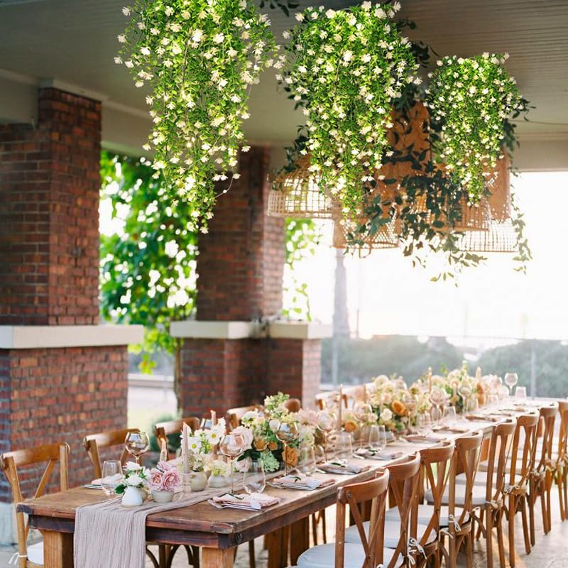 SJL Hanging Faux Plants Indoor 4pcs Fake Flowers Plant Fern with LED Lights Artificial Vines for Outdoors Real Touch Fake Plants All Year Round Eucalyptus Decor for Garden Porch (White)