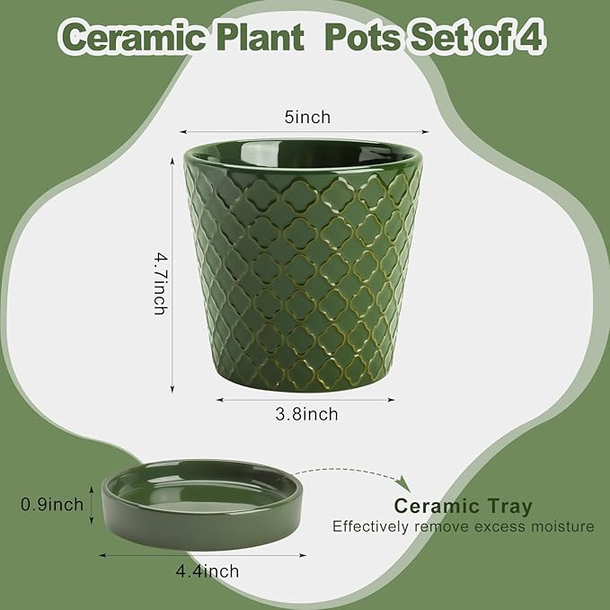 EFISPSS Ceramic Plant Pots, 5 Inch Planters with Drainage Holes and Ceramic Tray, Relief Design Flower Planter,Desktop Office Windowsill Decoration Gift Set of 4 - Blackish Green