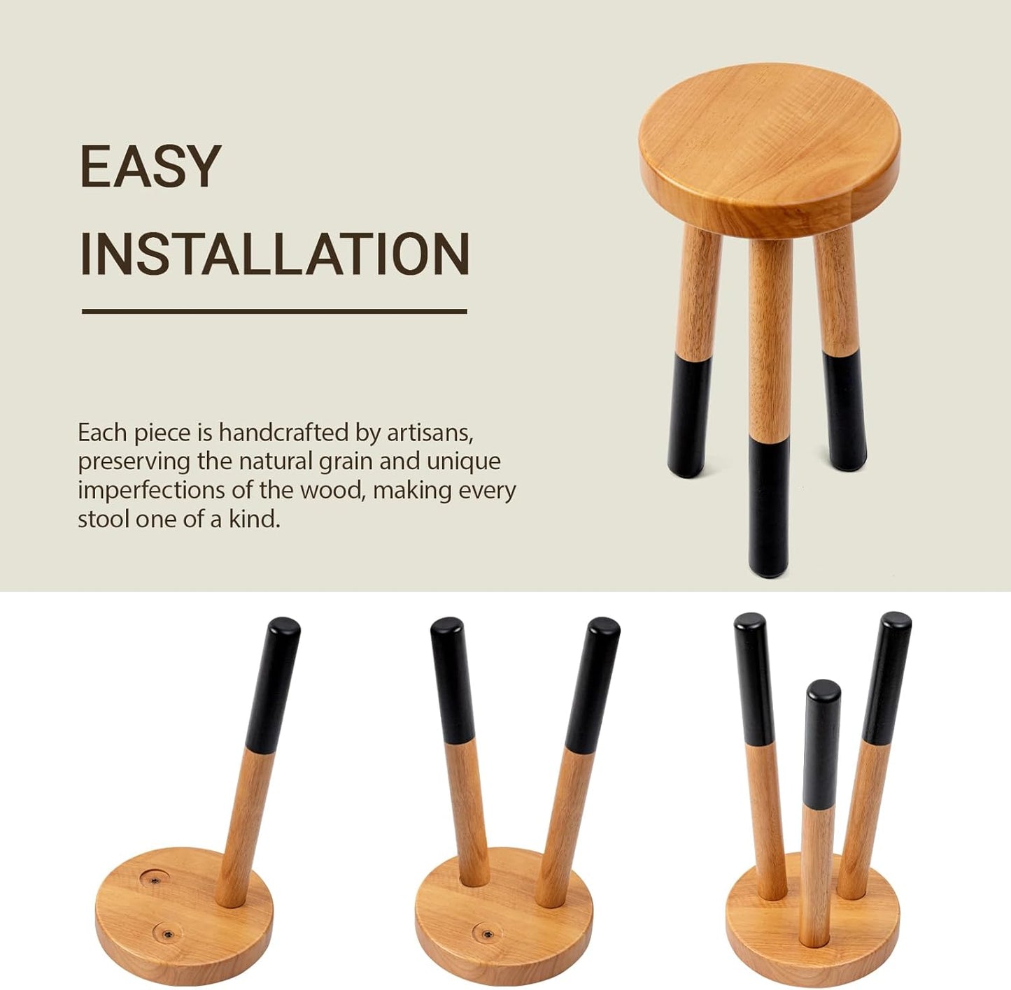 Rubber Wood 9" Round Plant Stand |Dip Dyed Black Accent Stool |Small Drinking Table |Side Table(18" H)