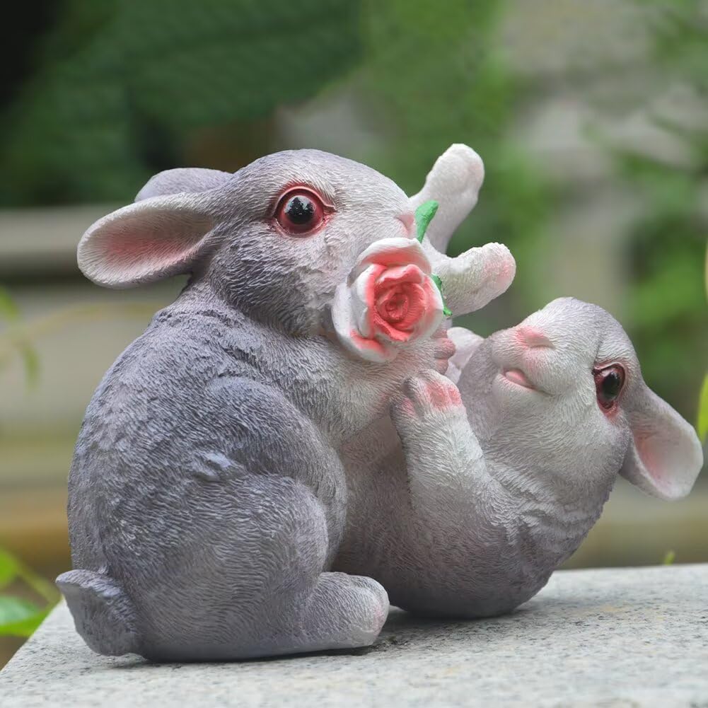 Garden Statues Bunny Decor Resin Flower Rabbit Figurine Cute Fairy Garden Decor Outdoor Statues for Patio Yard Porch Balcony Gifts for Women Mom Grandma Grey