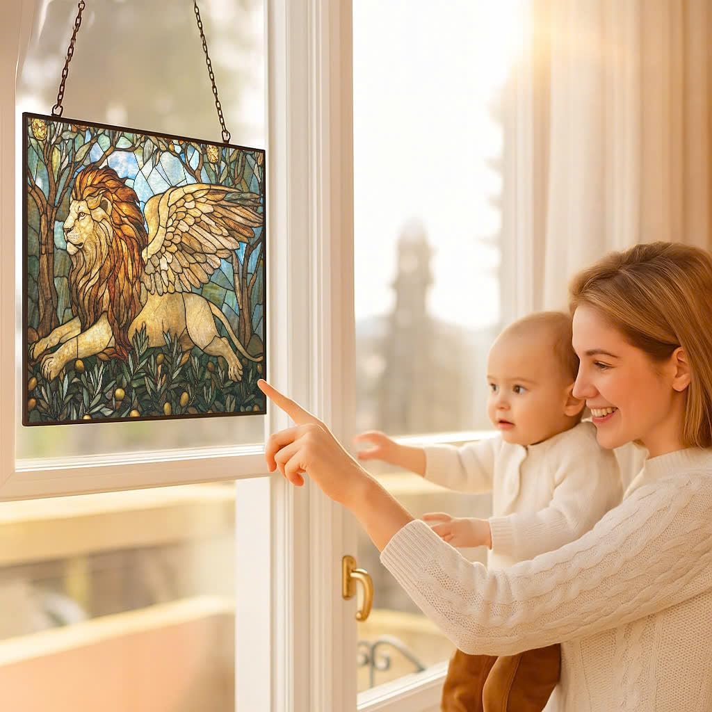 Personalized Rectangle Art Nouveau Olive Angel Lion Stained Glass Suncatcher Window Hanging, Gothic Christmas Ornaments for Fiction Lovers, Dinosaur Room Decor for Nursery New Home Gifts