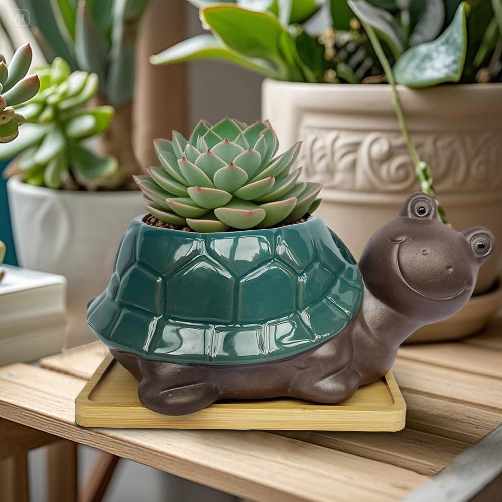 MUZHI Ceramic Bonsai Pot with Bamboo Tray SmilingTurtle Shape, Cute Animal Succulent Cactus Planter with Drainage Hole, Art Desk Decorations and Gift