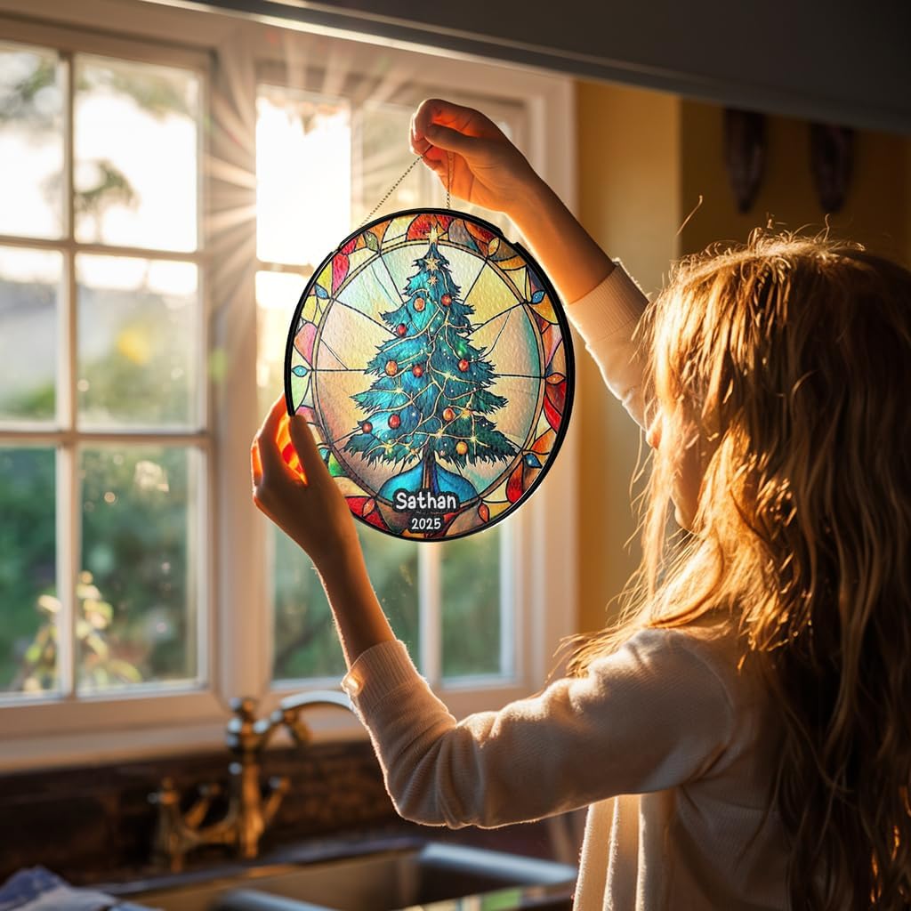 Personalized Stained Glass Christmas Tree Suncatcher, Christmas Handcraft Holiday Ornament with Name and Number, Gift for Family or Friend, Gift for Décor