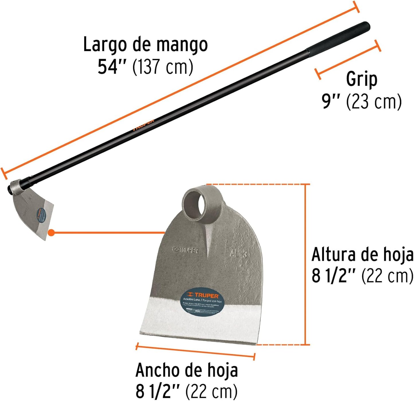 Truper 10621 Forged Garden Hoe - 2 Lb High Carbon Steel One-Piece Forged Head, 54-Inch Handle Round Eye Hoes