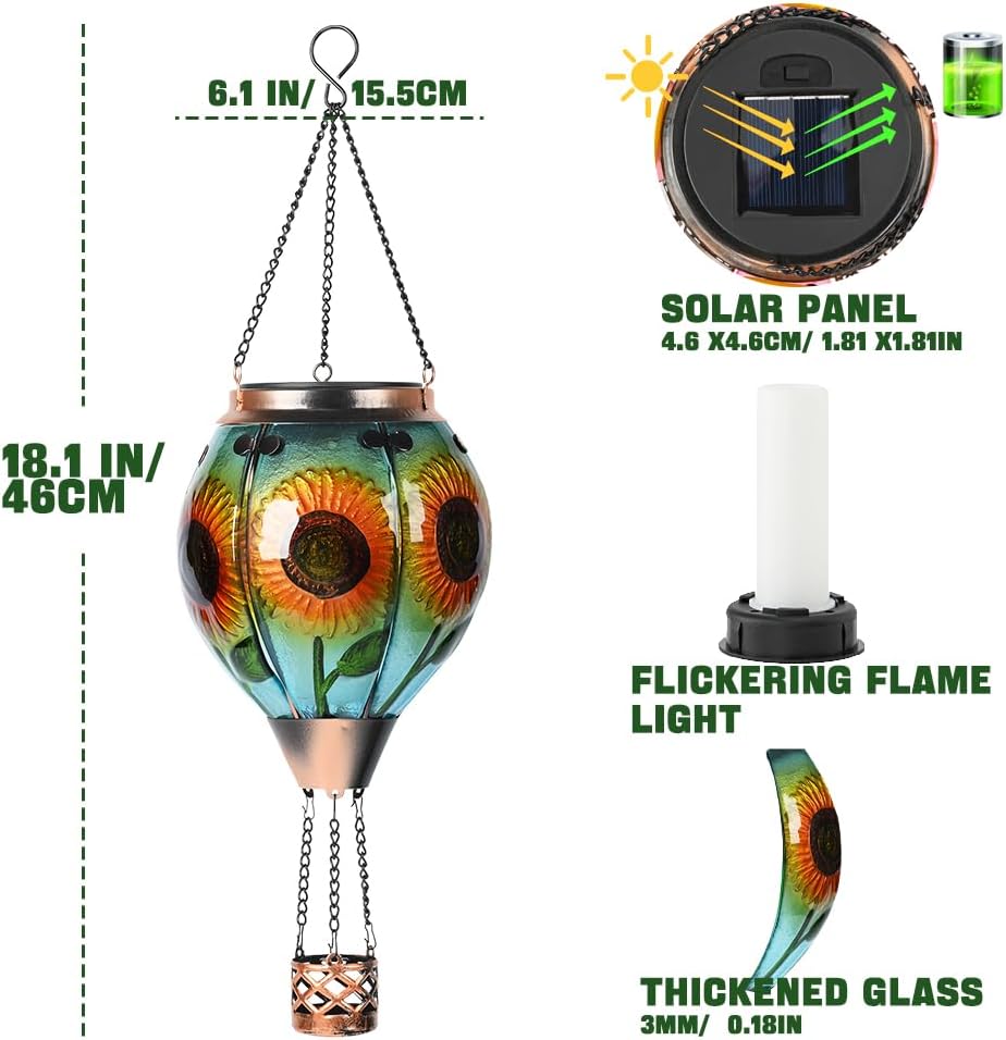 Hot Air Balloon Solar Lantern - Sunflower Glass Lantern, Simulated Flickering & Dancing Flame, Outdoor Hanging Yard Light Waterproof IP65 for Patio Lawn Porch Decor Gift