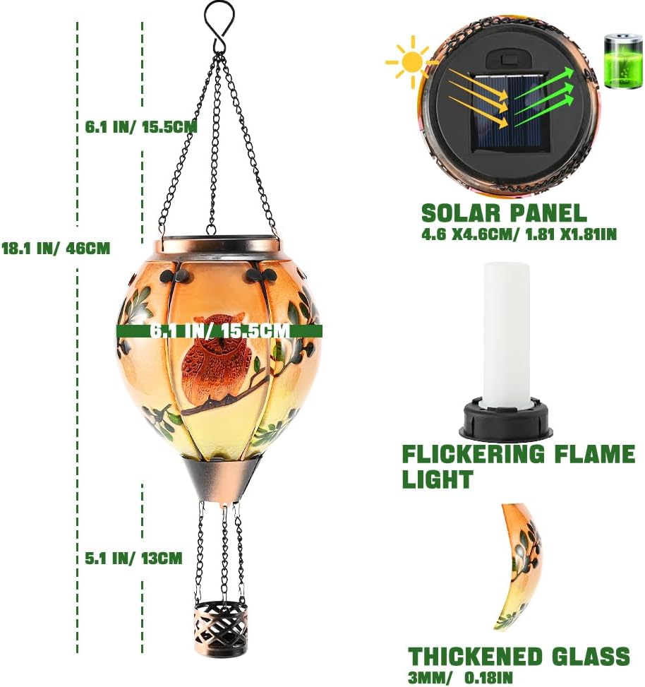 Hot Air Balloon Solar Lantern - Owl Stained Glass Lantern, Simulated Flickering & Dancing Flame, Outdoor Hanging Yard Light Waterproof IP65 for Patio Lawn Porch Decor Gift