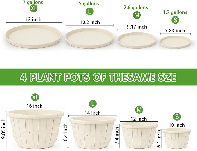 Quarut 14 Inch Plastic-Flower-Pot-for-Indoor-Plants, 4 Pack Large Outdoor Planter Pot with Drainage Holes & Saucers, Resin Decorative Garden Pots Planters(Beige)