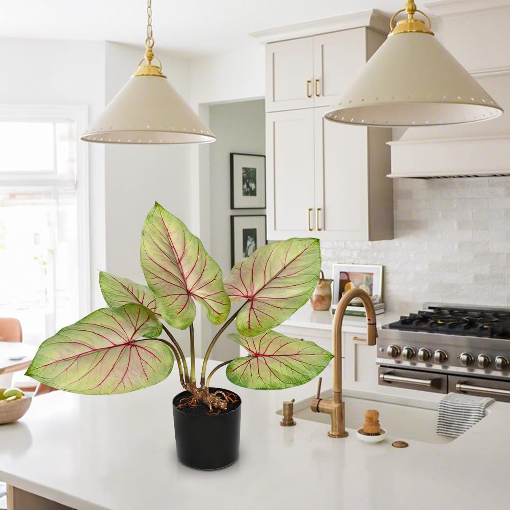 Briful 22'' Tall Fake Plants Artificial Caladium Plants in Black Pot Realistic Potted Faux Plant Indoor for Home Decor Wedding Farmhouse Centerpiece, Wide Yellow-Pink Leaf