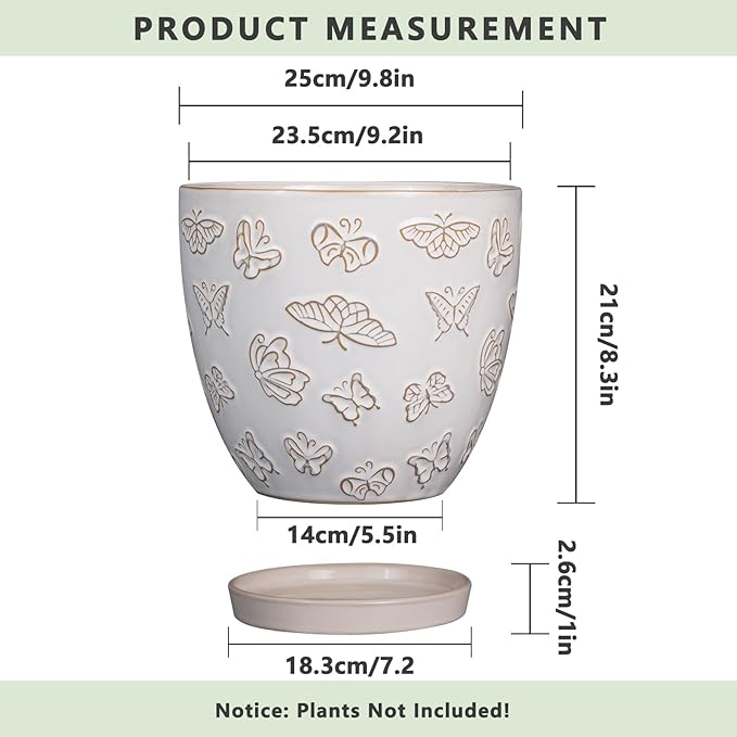 Ceramic Planter Pot 10 Inch- Large Plant Pot with Drainage Hole and Saucer Modern Round Flower Pot for Indoor Outdoor Plants White