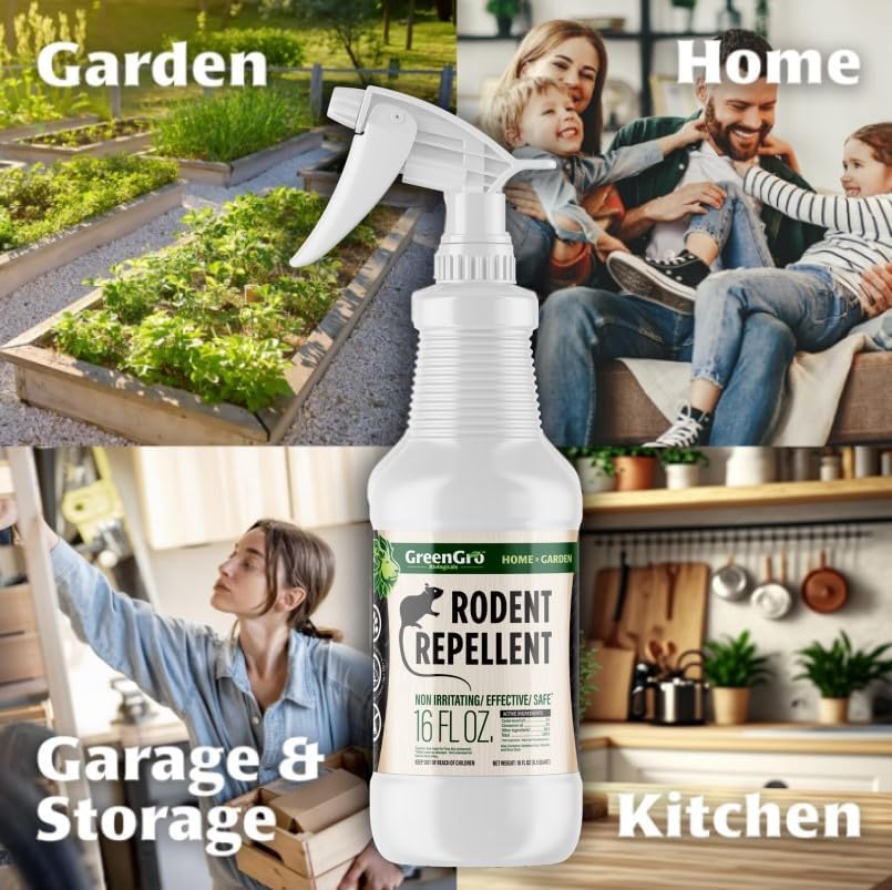 GreenGro Rodent Repellent Spray - Organic Cedar & Cinnamon Oil for Pest Control/Mice, Rat, Vole & Squirrel Repellent/Non-Toxic/Safe for Pets/Use for Home, Garden, Garage, RVs (16oz)