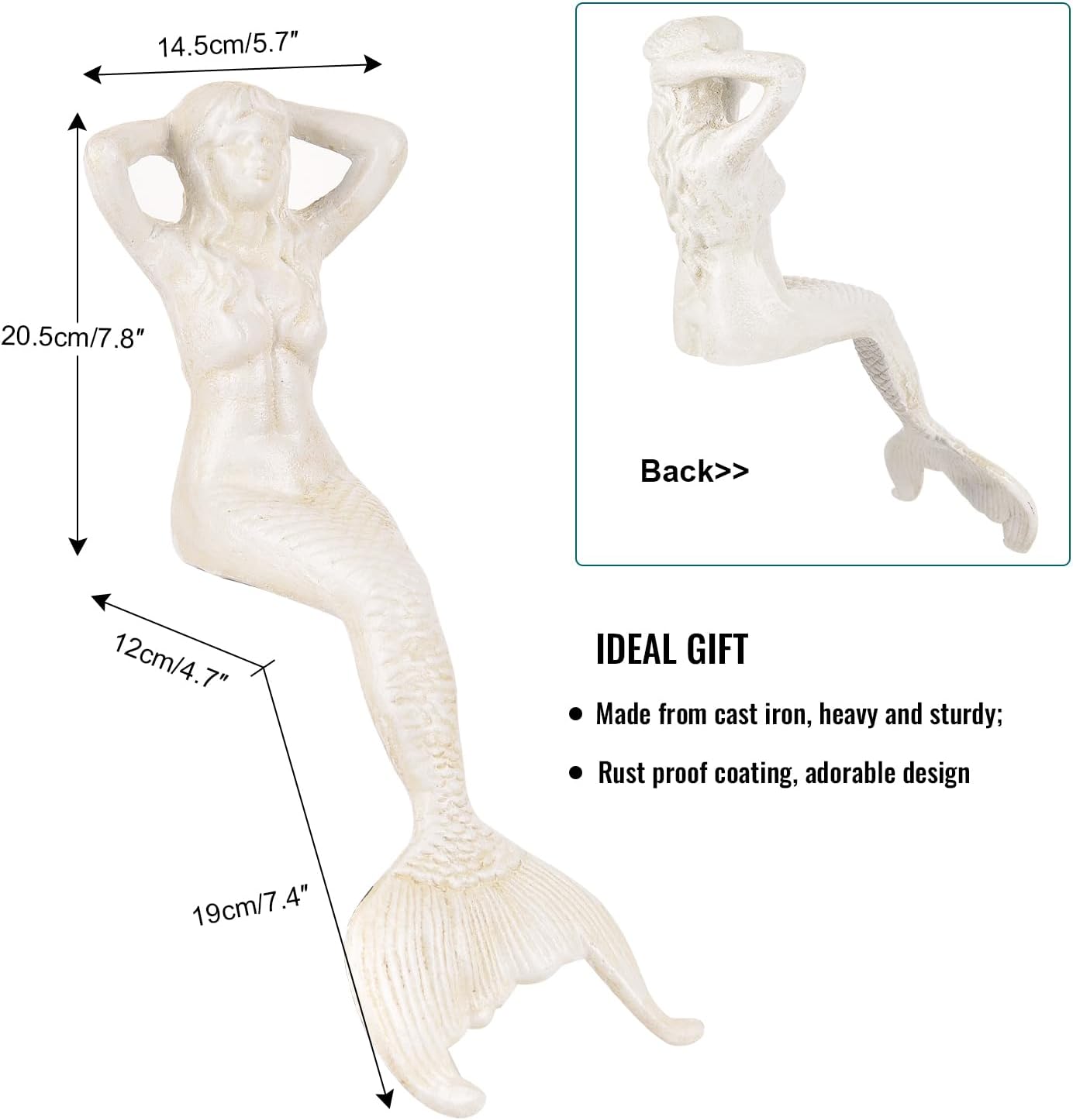 Sungmor 14.3" Tall Large Cast Iron Mermaid Statue, Sitting Mermaid Sculpture Decoration for Pool Pond Birdbath Shelf Desk, Rustic White Garden Figurines for Indoor Outdoor Fish Tank Fountain Rockeries