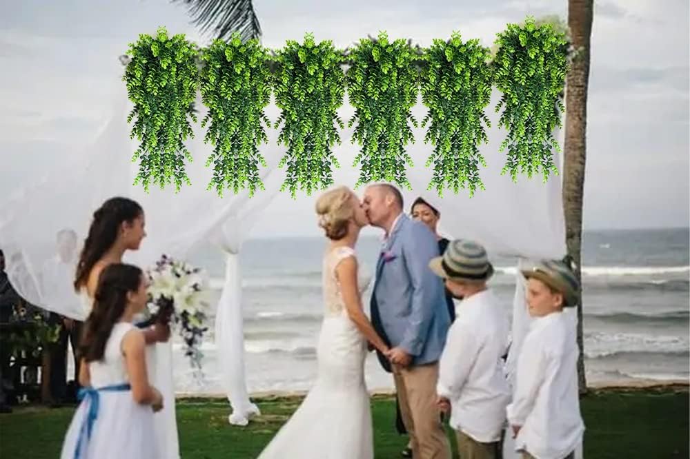 4 Pack Artificial Eucalyptus Leaf Rattan Fake Hanging Plant Faux Greenary Vine Outdoor UV Resistant Plastic Plants for Wedding Party Home Decor