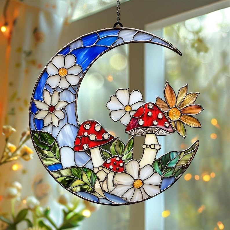 Mushroom Acrylic Suncatcher Window Hanging Moon and Flower Garden Decor Mushroom Lover Gift Housewarming Gift