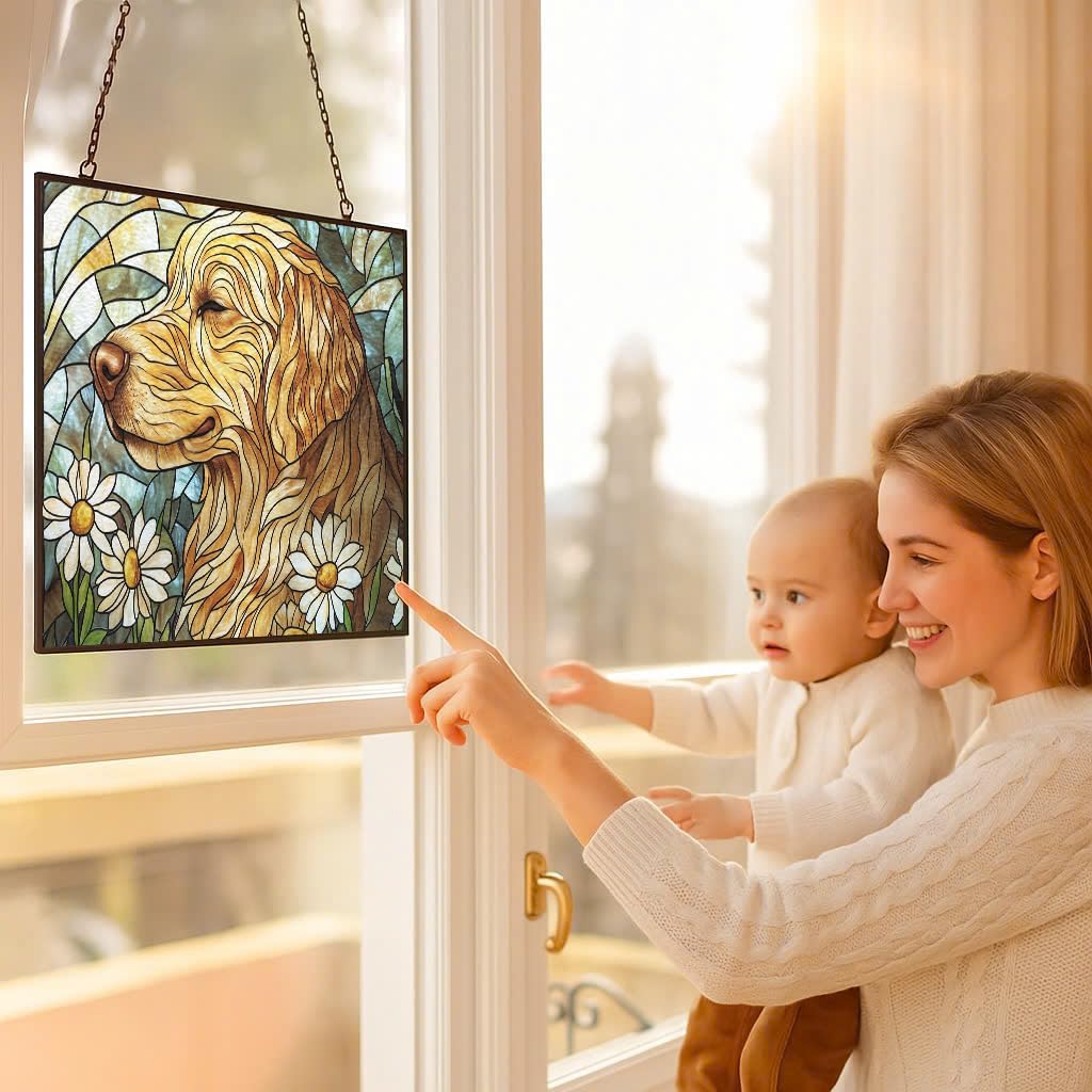 Personalized Rectangle Art Nouveau Golden Retriever Garden Stained Glass Window Hanging, Stained Glass Window Decor Suncatcher for Women, Home Décor