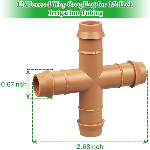 12 Pieces Drip Irrigation Barbed Cross Fittings: 1/2 Inch Drip Line 4 Way Connectors for 1/2" Drip Irrigation Tubing Irrigation System Replacement Parts for Sprinkler Systems