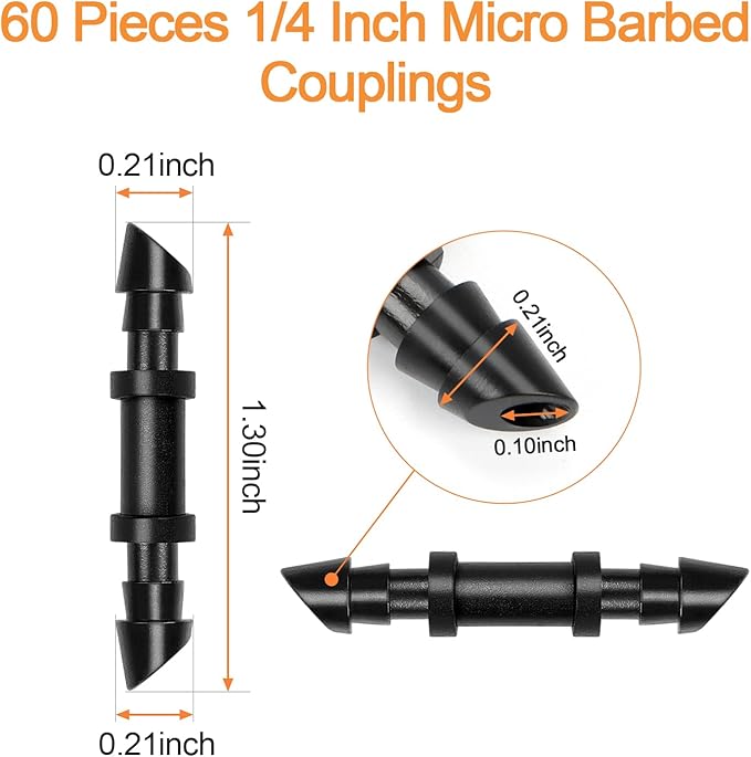 60 Pieces 1/4" Drip Irrigation Coupling Fittings:Drip Line Double Barbed Coupler Connectors for 1/4 Inch Irrigation Tubing Quick Connect 1/4'' Coupler with Sharp End for Drip Irrigation System