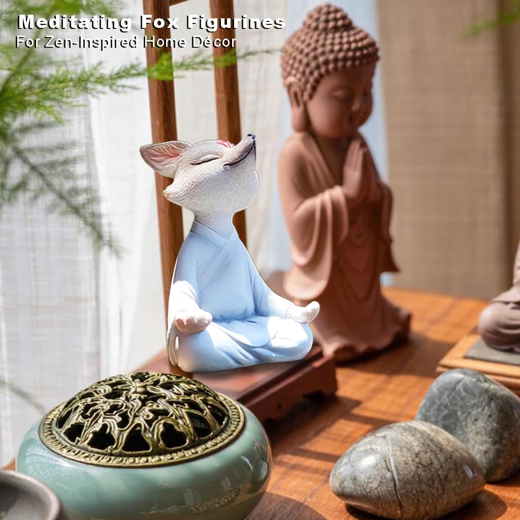 Meditating Buddha Fox Statue Resin Zen Animal Sculpture Yoga Figurine Indoor Outdoor Fengshui Decor for Patio Garden Yard Lawn Tabletop Planter Ponds Pot Bookshelf Ornaments Gifts White