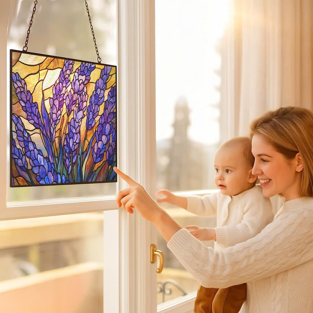Rectangle Art Nouveau Morning Lavender Stained Glass Suncatcher Window Hangings, Suncatchers Colorful Glass Panel Sun Catchers Gifts, Decoration for Home Garden Christmas Party Wedding