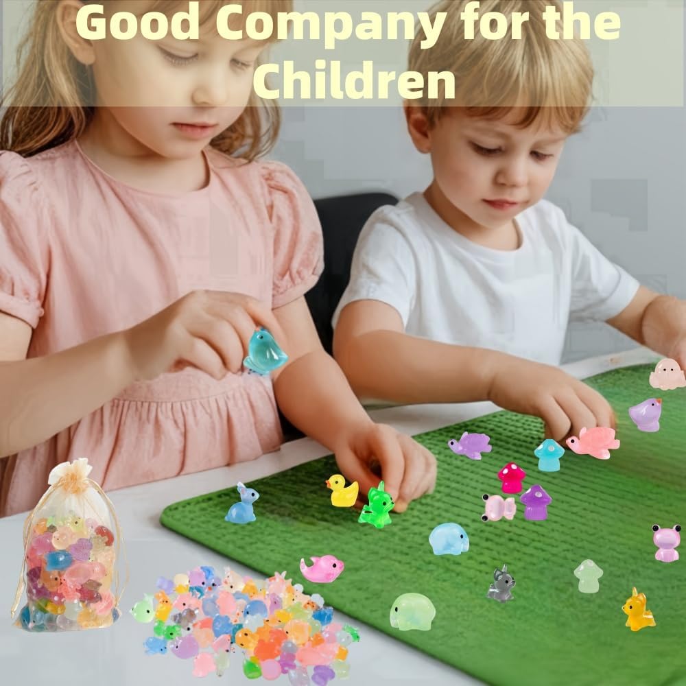 100 Pcs Luminous Mini Resin Animals, Tiny Miniature Sea Animal Figurines Glow in Dark for Crafts Landscape Miniature Garden Decor Accessories, Small Duck Frog Dog Turtle 10 Combinations to Hide Bulk