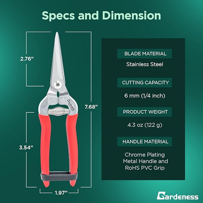 Gardeness Pruning Shear Straight Pruning Snip with Stainless Steel Serrated Blade, Adjustable Joint Screw Micro Tip Garden Scissor for Arranging, Trimming, Harvesting Fruit, Vegetables, Made in Taiwan