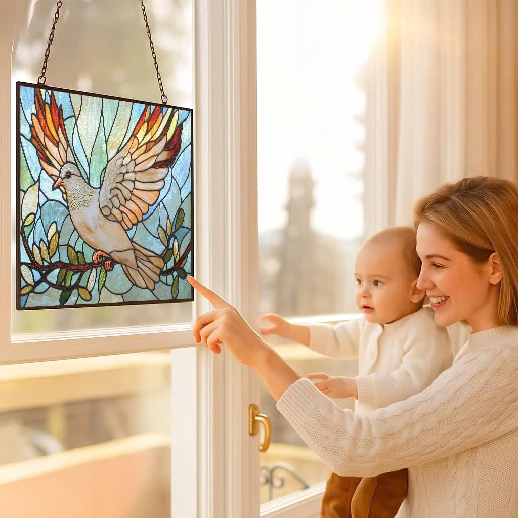 Rectangle Art Nouveau Dove and Olive Suncatchers for Windows, Stained Glass Window Hangings,Hand-Painted Glass Panel Perfect for Home Décor
