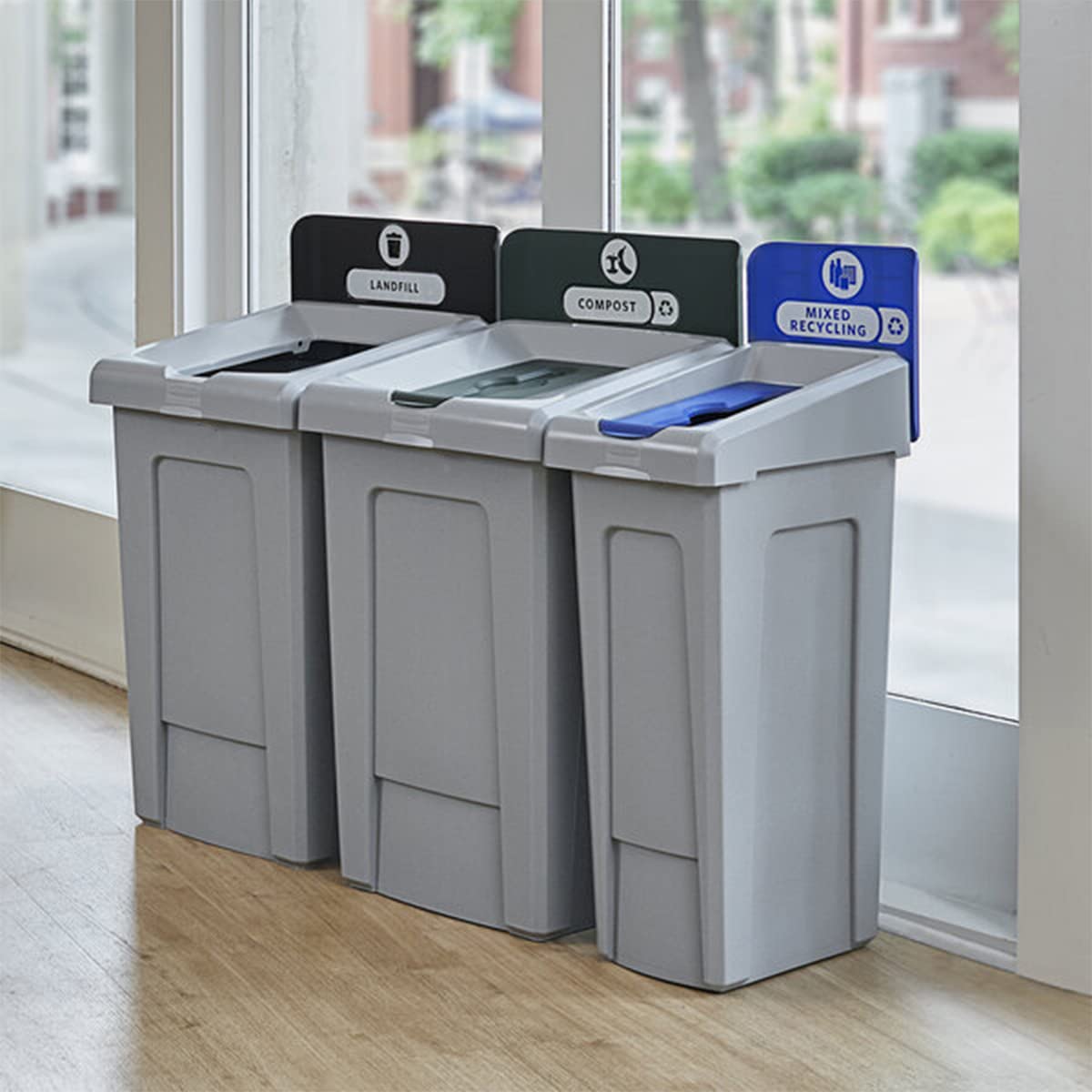 Stager Direct, 33 Gallon Mixed Recycling Station with Lid, Recycle Bin, Exterior Trash Can, Recycling Station Kit, Heavy Duty Premium Plastic, Perfect for Kitchen, Office, Garden, Garage, (N.4)