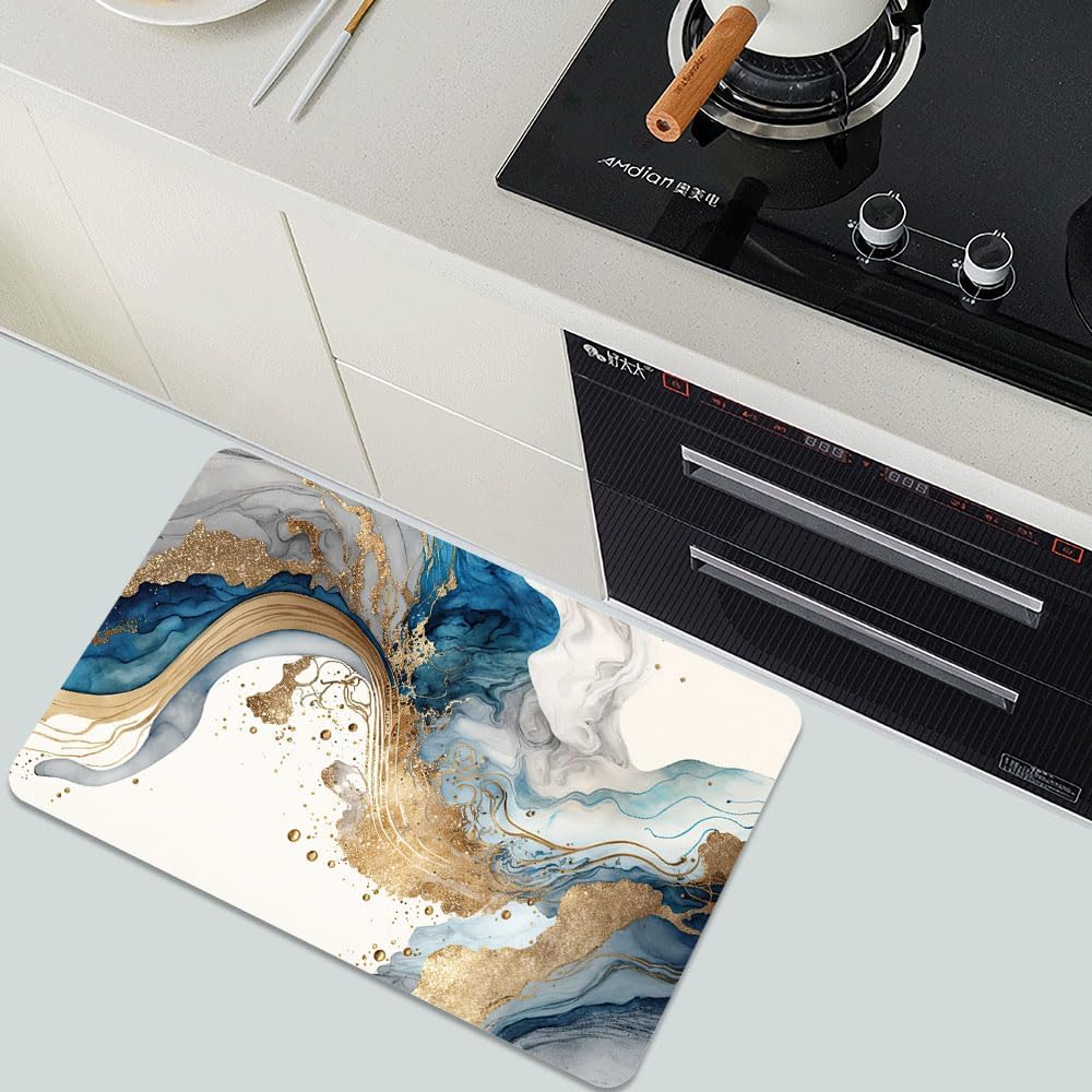Bath Mat-Bathroom Rug,Natural Blue and Gold Marble-Absorbent Non Slip Quick Dry Stain Resistant Easy to Clean Care Shower Rug for Bathtub Shower Room 17×27.5Inch (43 * 70cm)