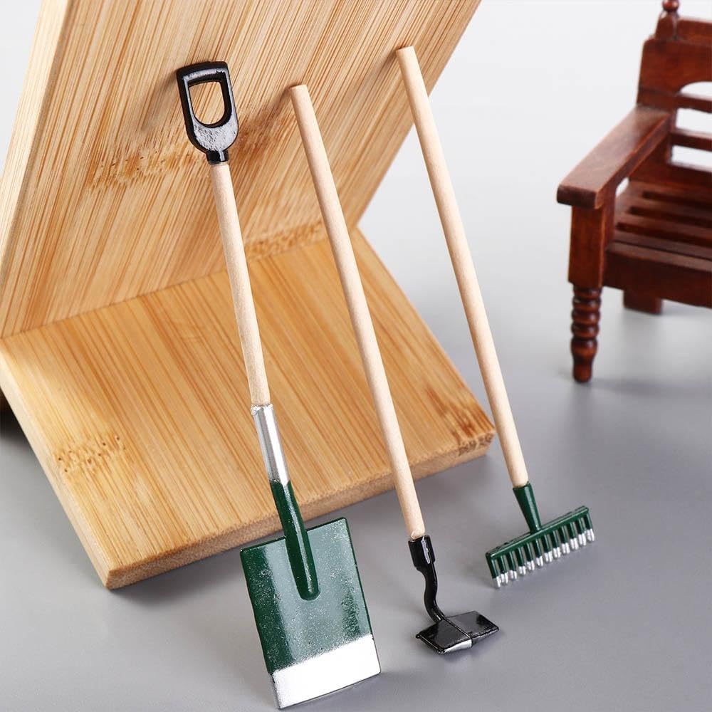 3Pcs Miniature Garden Tools 1:12 Mini Shovels and Rake Farm Tools Fairy Garden Furniture Dollhouse Accessories (Green)