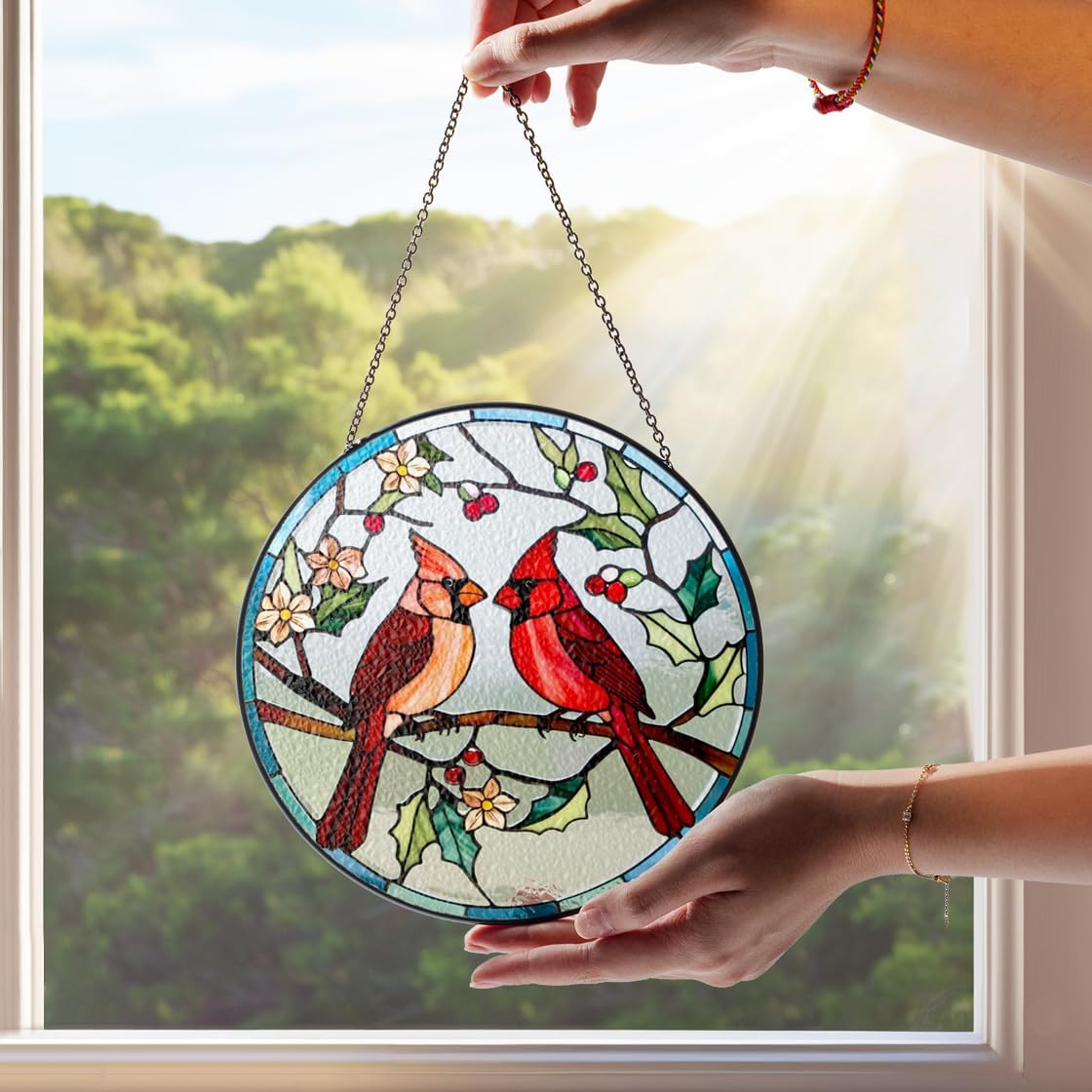 Cardinal Couple Stained Glass Suncatcher, Red Birds and Flower Art Glass Sun Catcher Crystal Ornament Window Hanging, Gifts for Bird Lovers Women Grandma Mom, Memorial Keepsake Painted Panel Décor